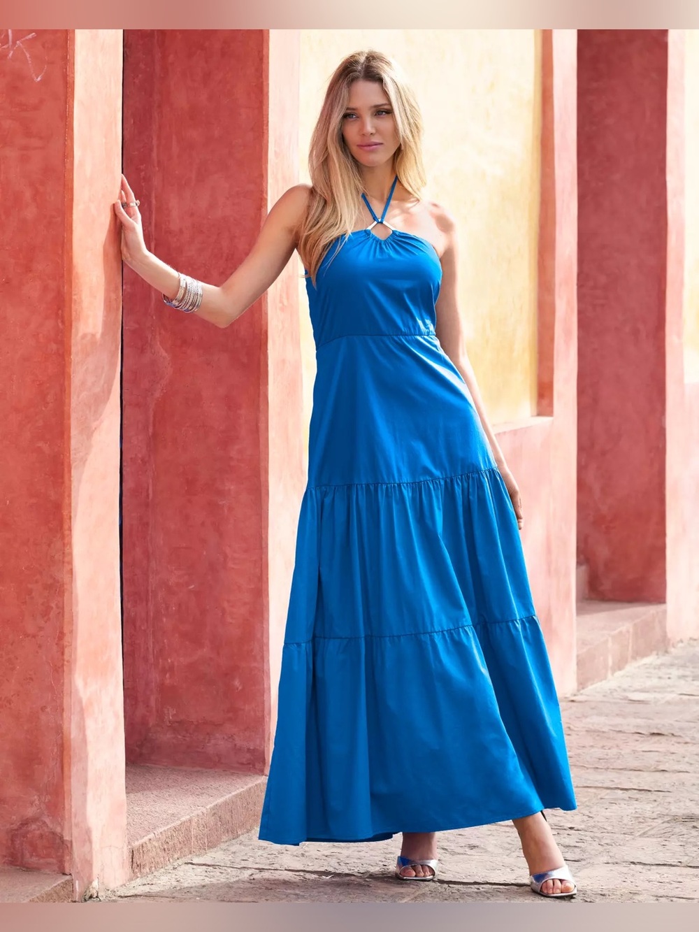Boston Proper Hardware Halter Tiered Poplin Maxi Dress blue size 8 NWT